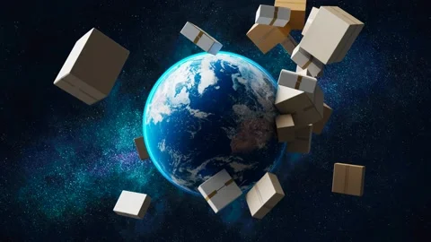 Delivery concept. Spawning cardboard boxes from the planet earth surface. Stock Footage 202280573