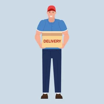 Delivery courer character man with package parcel box. Vector illustration 库存插图