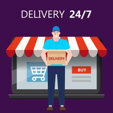 Delivery courer character man with package parcel box, laptop online shop store Illustrazione stock