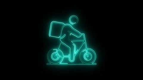 Delivery courier on bicycle with thermal backpack neon icon glowing on blac.. Stock Footage 345548186