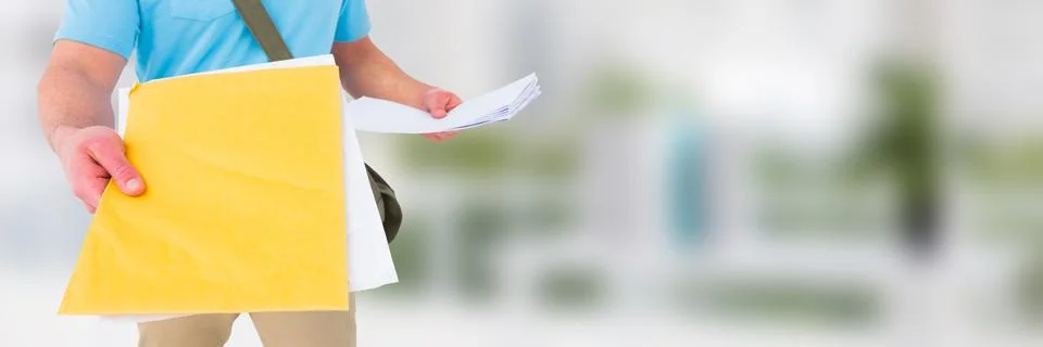Delivery Courier holding forms in front of blurred background 3d Fotos Stock