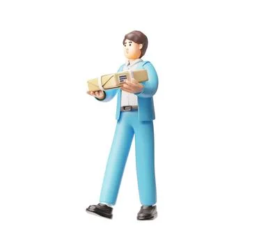 Delivery courier holding parcel box walking, 3D vector office man in blue suit Illustration