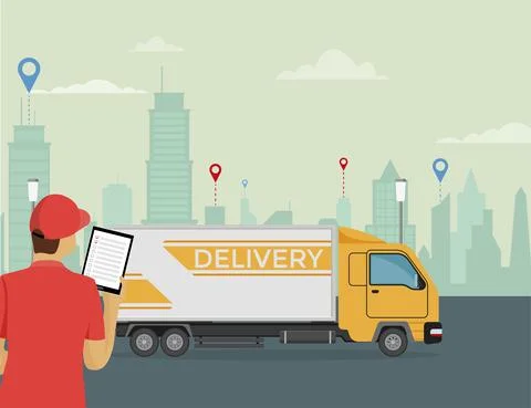 Delivery courier holds a tablet in his hand with a truck on the background. Stock Illustration