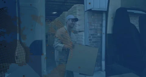 Delivery courier lifting box from van door carrying to dock while dotted map Stock Footage 330380080