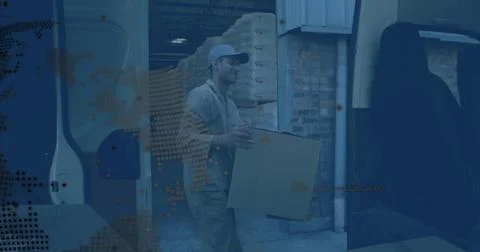 Delivery courier lifting box from van door carrying to dock while dotted map Stock Photos