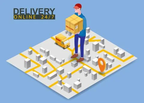 Delivery courier man with box parcel on map isometry cargov van tracking. Online Stock Illustration