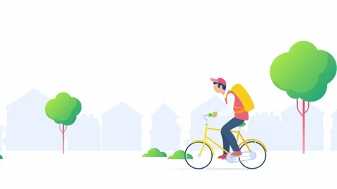 Delivery Courier with Package rides Bicycle Bike Flat design video concept Stock Footage 116767347
