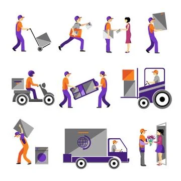 Delivery, courier service, person freight logistic business service icons Stock Illustration