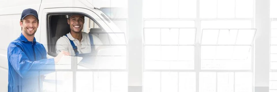 Delivery Couriers in van with transition effect 3d Photos