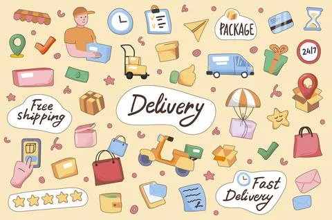 Delivery cute stickers set in flat cartoon design. Collection of courier, tru Stock Illustration