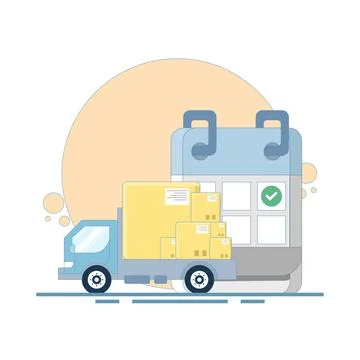 Delivery By Date Concept. Delivery schedule with trucks and calendar. Stock Illustration