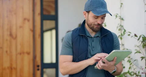 Delivery, door and man with tablet for shipping, order and digital signature for Stock Footage 335798527