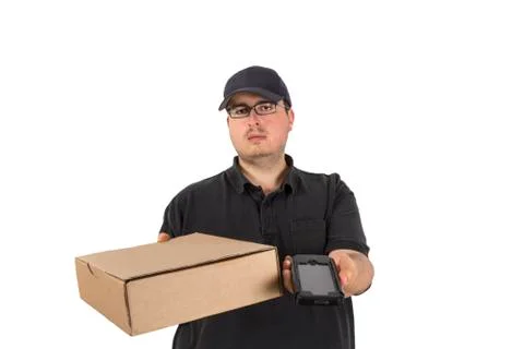 Delivery driver asks customer to sign Stock Photos