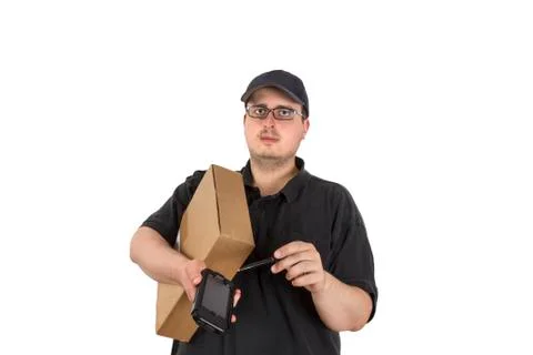 Delivery driver asks customer to sign Stock Photos