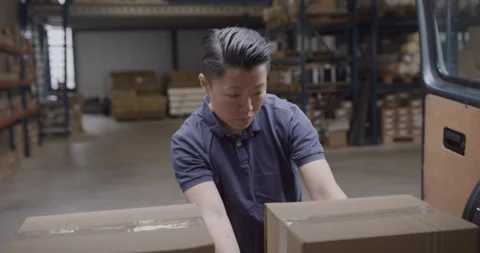 Delivery Driver Loading Van with Boxes at Warehouse Stock Footage 254608482