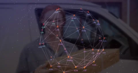 A delivery driver smiles at the camera by her van, holding a parcel outside the Stock Footage 330052227