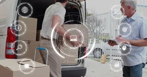 Delivery driver taking boxes from van, loading dolly while manager verifying Stock Footage 333965021