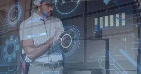 Delivery driver tapping tablet screen and activating holographic charts updating Stock Footage 319851941