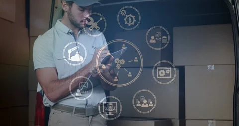 Delivery driver tapping tablet, updating log for tracking parcels in van, icons Stock Footage 329929238