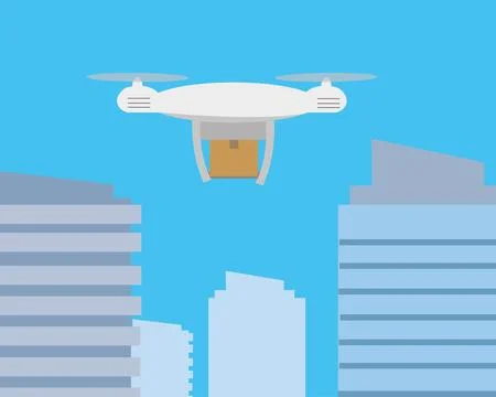 Delivery drone with the cardboard box flying over the town. Stock Illustration