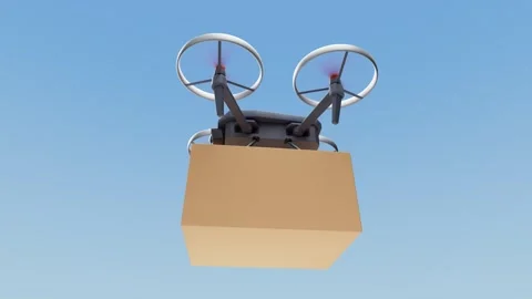 Delivery drone carrying box flying through clear blue sky, innovative air t.. Stock Footage 332382865