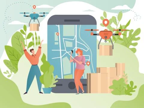 Delivery drone concept vector illustration, flat tiny cartoon people using Illustrazione stock