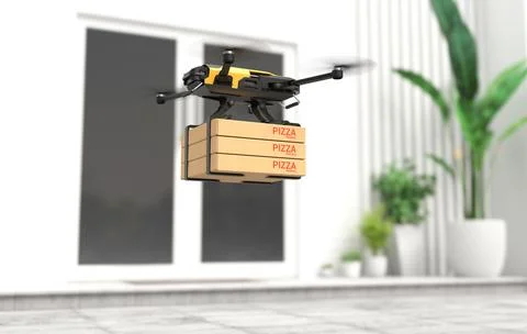 The delivery drone is delivering pizza. Stock Illustration