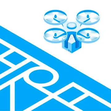 Delivery drone is flying over the map of the city, carrying a box Illustrazione stock