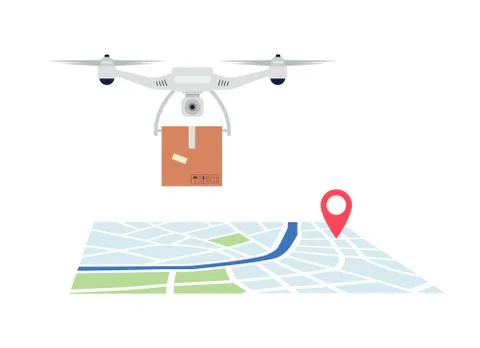 Delivery drone flying with package box over map with location symbol Illustrazione stock