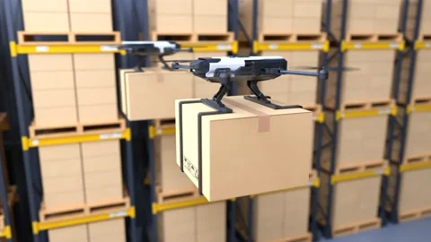 The delivery drone is flying in a warehouse Stock Footage 238988150