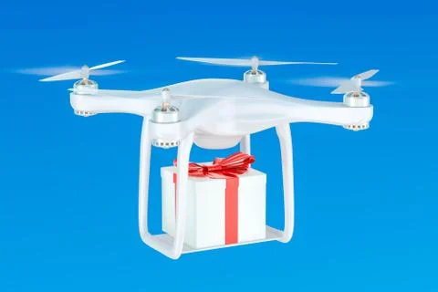 Delivery drone with a gift box in the blue sky, 3D rendering 스톡 일러스트