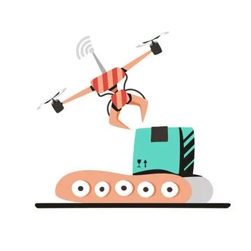 Delivery Drone with Package on Conveyor Flat Vector Icon Stock-Illustration