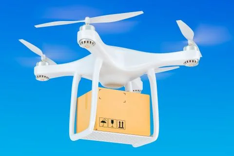 Delivery drone with a parcel in the blue sky, 3D rendering Illustrazione stock