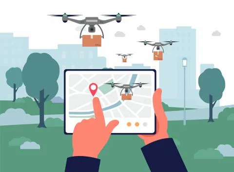 Delivery drone remote control app on tablet screen, hands holding device Stock Illustration