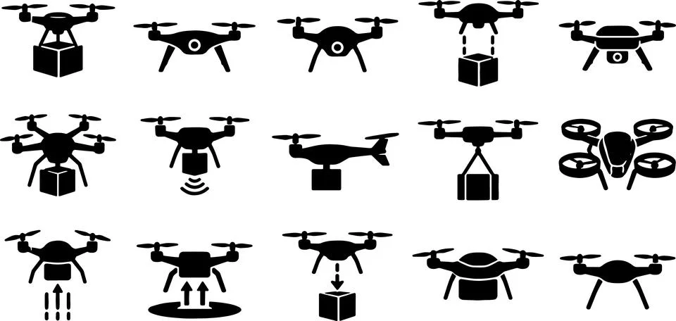 Delivery drone technology icons set showing cargo transport and package dro.. Stock Illustration