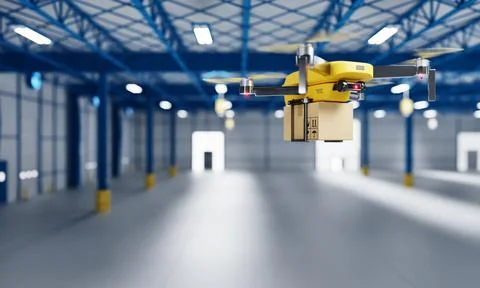 Delivery drone transferring parcel into empty storage as business startup f.. Stock Illustration