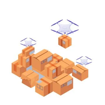 Delivery drones carry and stack boxes isometric illustration. White modern Stock Illustration