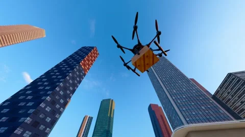 Delivery drones fly over cities Stock Footage 313774071