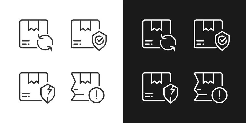 Delivery features and issues pixel perfect white linear icon for dark themes set Illustrazione stock