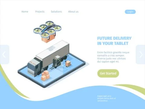 Delivery future by drones landing page isometric concept. Modern service remo Stock Illustration