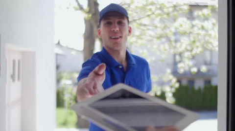 Delivery guy customer POV rack focus 스톡 동영상 49786211