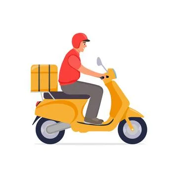 Delivery, the guy on the moped is carrying parcel . Flat cartoon design. Stock Illustration
