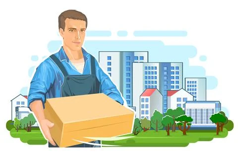 Delivery guy with a parcel. Cardboard box. A male courier in uniform delivere Illustrazione stock