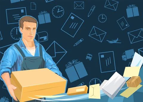 Delivery guy with a parcel. Cardboard box. A male courier in uniform delivere Stock Illustration
