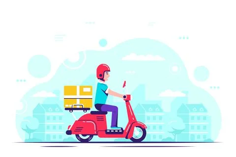 Delivery guy on scooter, flat style illustration Stock Illustration