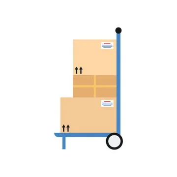 Delivery hand truck with stack of mail boxes flat vector illustration isolated. Ilustración de archivo