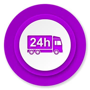 Delivery icon, violet button, 24h shipping sign. Stock Illustration