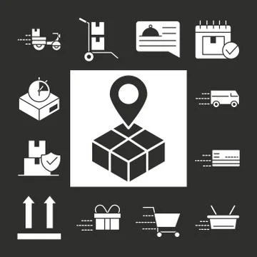 Delivery icons set parcel tracking shipping, world trade logistics silhouette 스톡 일러스트