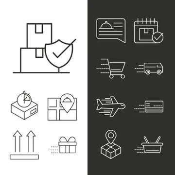 Delivery icons set parcel tracking shipping, world trade logistics line style Stock Illustration