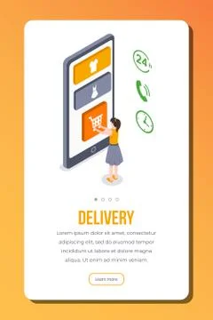 Delivery isometric app page vector template. Female customer order online Stock Illustration
